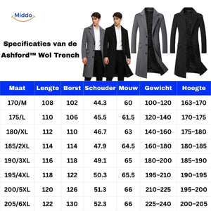 Größentabelle für die Ashford™ Peaky Blinders Herrenjacke in Schwarz und Grau