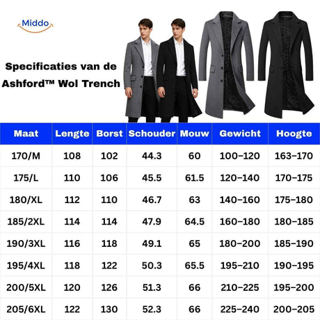 Größentabelle für die Ashford™ Peaky Blinders Herrenjacke in Schwarz und Grau