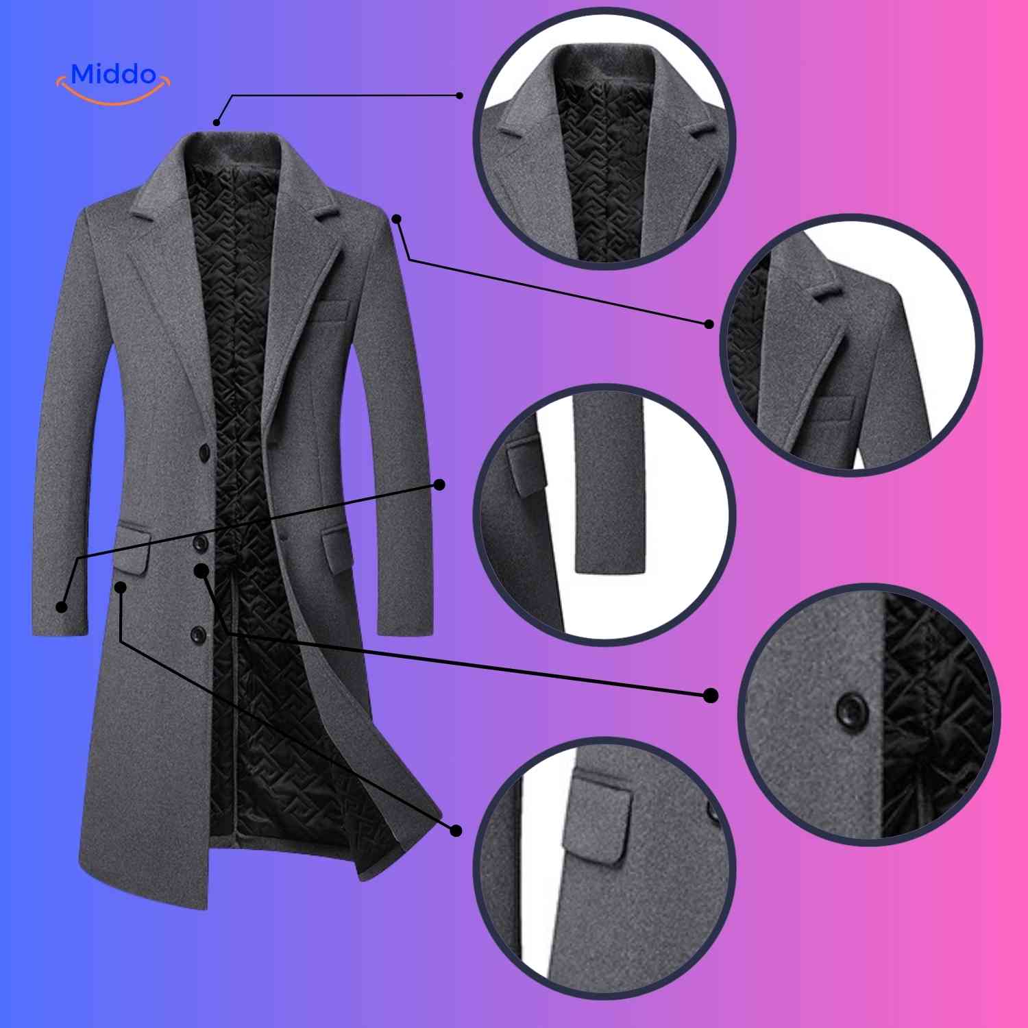 Detailüberblick über die Ashford™ Herren-Trenchcoats in Schwarz und Grau: Knöpfe, Futter und Passform.