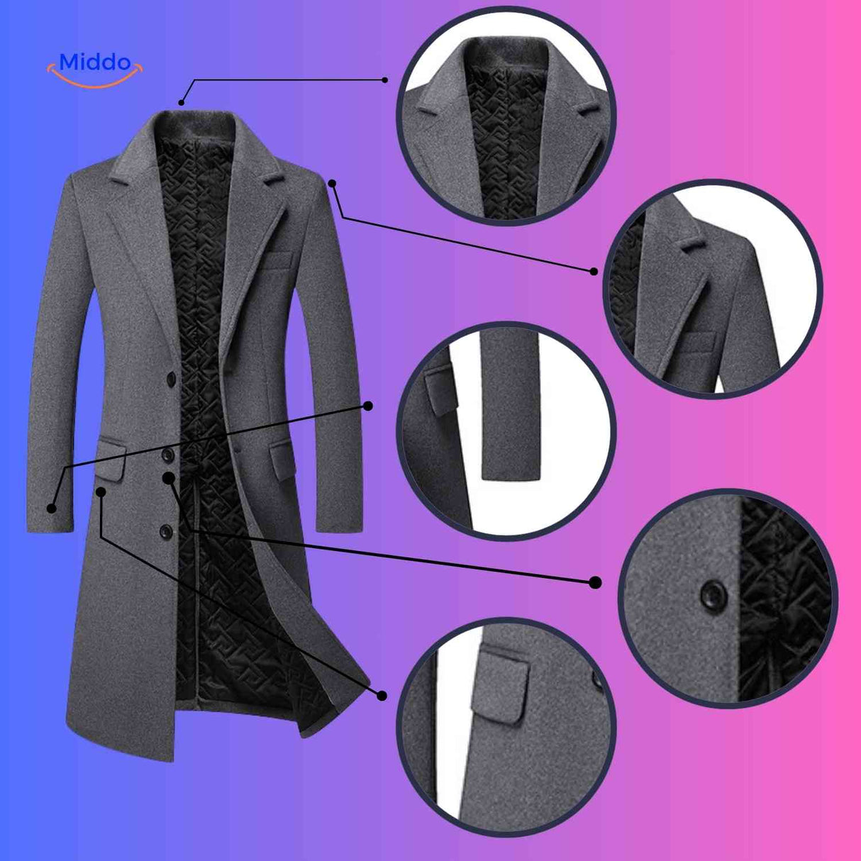Detailüberblick über die Ashford™ Herren-Trenchcoats in Schwarz und Grau: Knöpfe, Futter und Passform