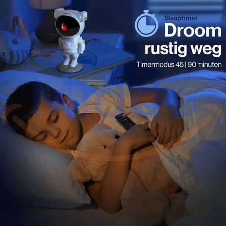 Kind schläft mit dem AstroNaut Galaxy-Projektor und Timer