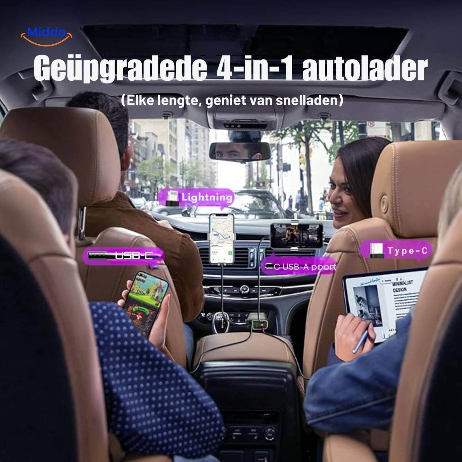 AutoCharge 120W 4-in-1 Ladegerät mit RGB-Beleuchtung www.middo.de