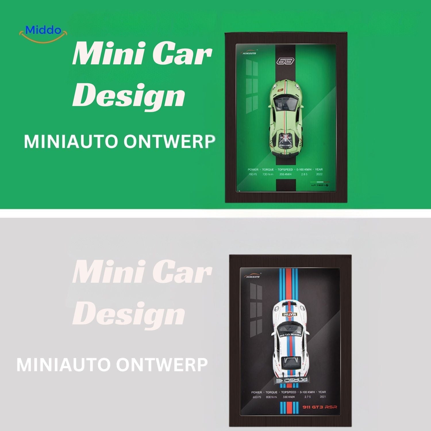 AutoCraft 3D Rahmen Lamborghini LP780 4 2022 und Porsche 911 GT3 RSR 2021 www.middo.nl