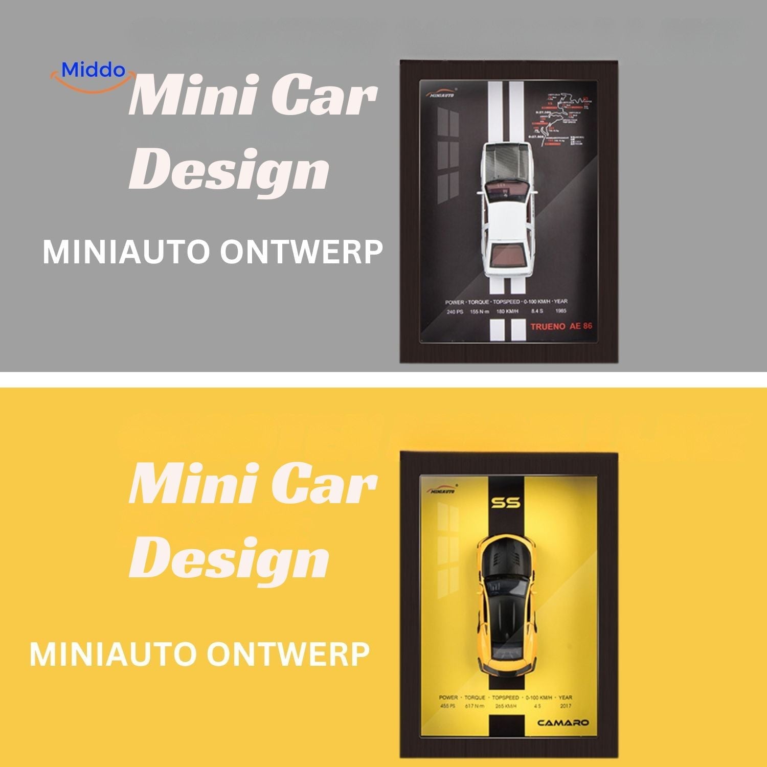 AutoCraft 3D Rahmen Toyota Trueno AE86 1985 und Camaro SS 2017 www.middo.nl