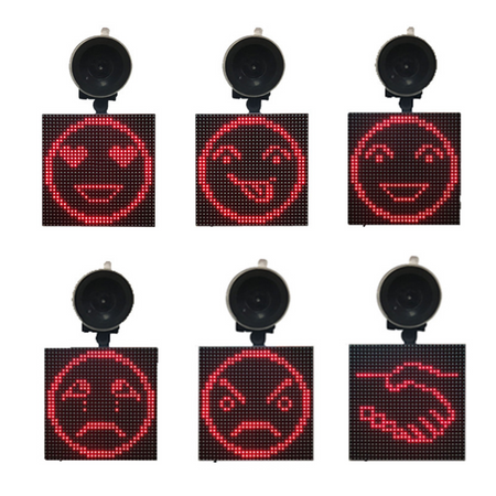 Sechs verschiedene Emojis lachen, sind wütend und verliebt in Rot mit Saugnapf auf weißem Hintergrund.