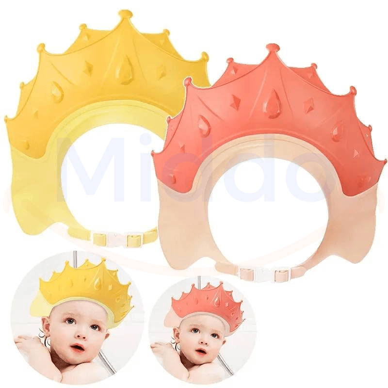 Gelbe und rote kronenförmige Badekappen mit Babyabbildungen.