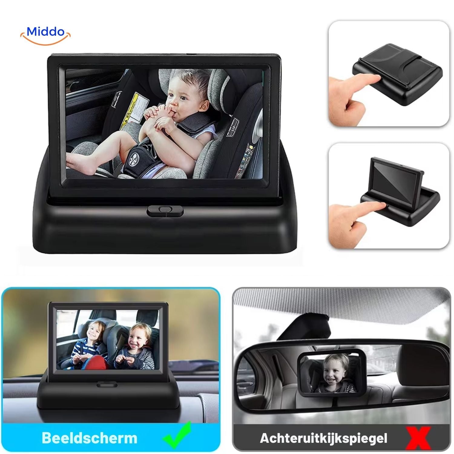 BabyGuard zusammenklappbarer Monitor mit Blick auf das Baby für die Rückbank