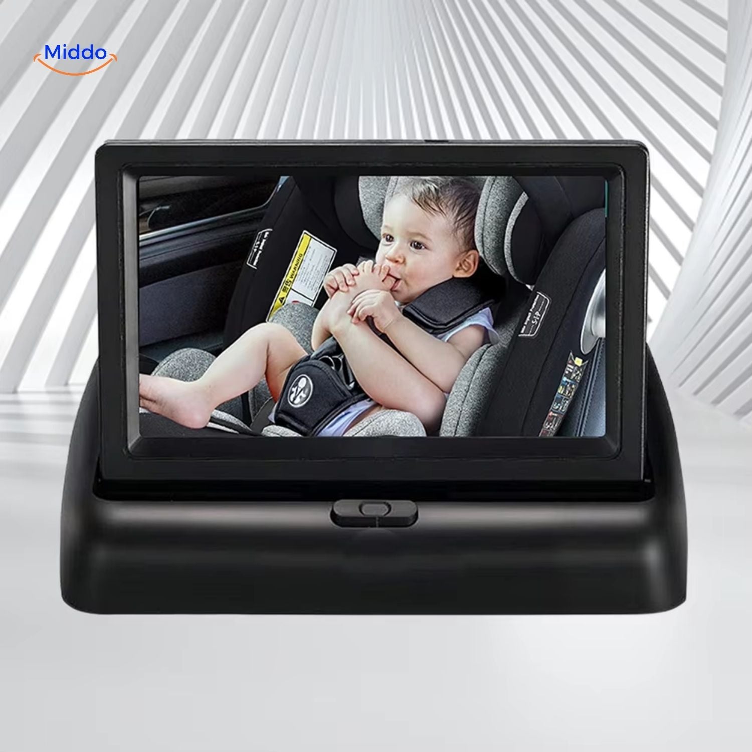 BabyGuard Monitor mit Baby im Autositz – Sicht auf die Rückbank