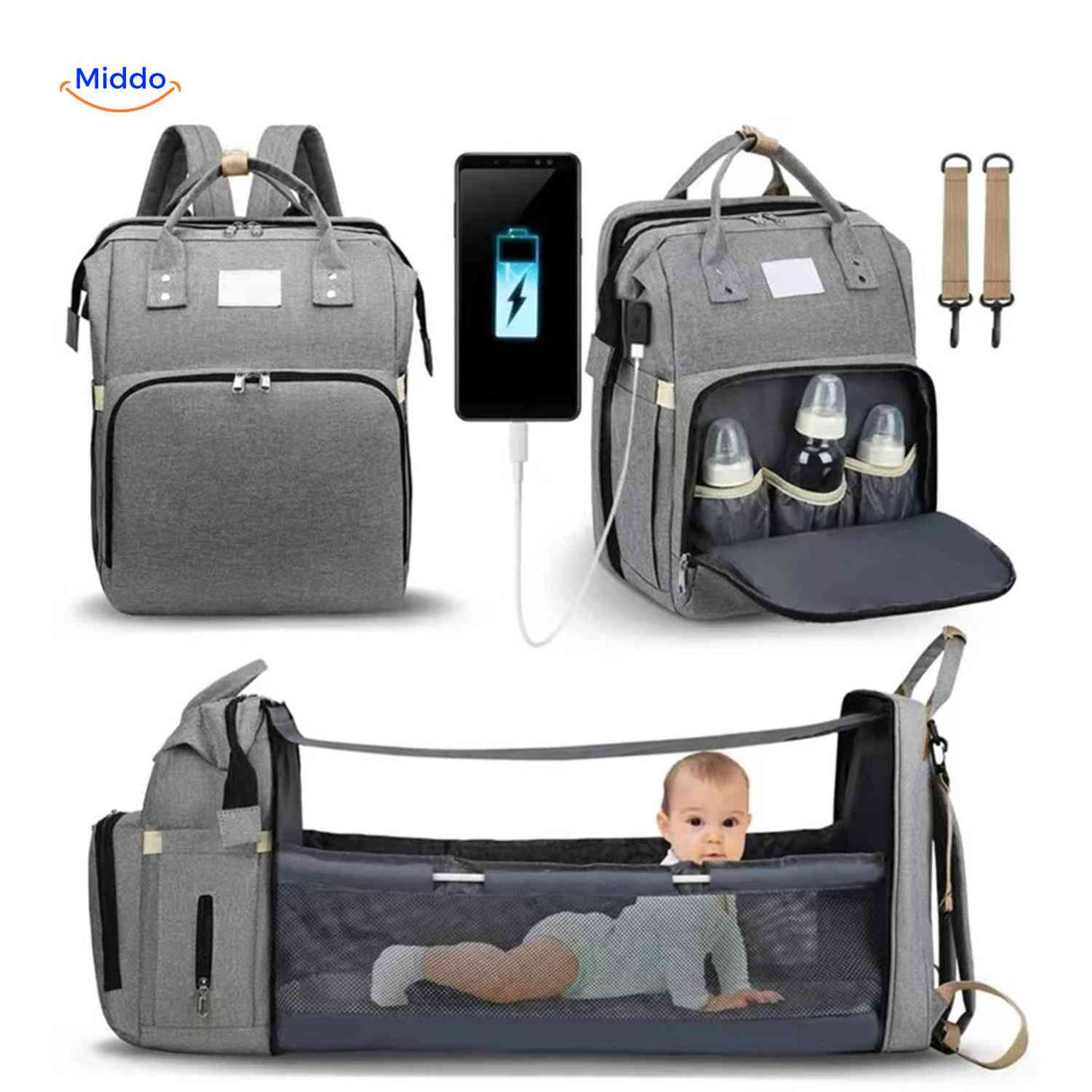 BabyLuxe Rucksack in Grau – Multifunktionale Wickeltasche mit Wiege und USB-Anschluss. Besuchen Sie www.middo.de!