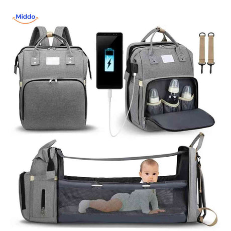 BabyLuxe Rucksack in Grau – Multifunktionale Wickeltasche mit Wiege und USB-Anschluss. Besuchen Sie www.middo.de!