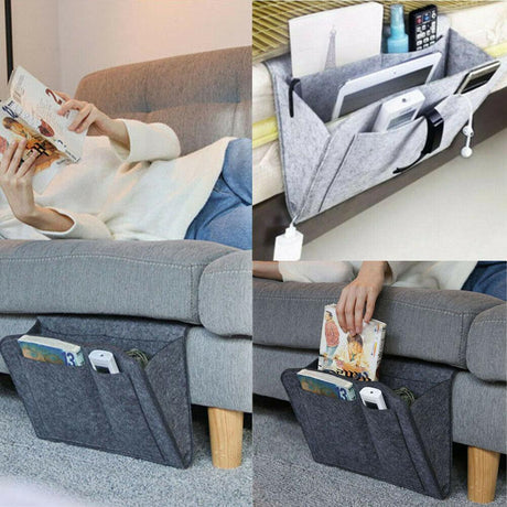 Drei Fotos einer Frau, die auf der Couch liest, mit einer grauen BedCaddy, die an der Couch hängt, und Bücher, iPad sowie einer Fernbedienung darin