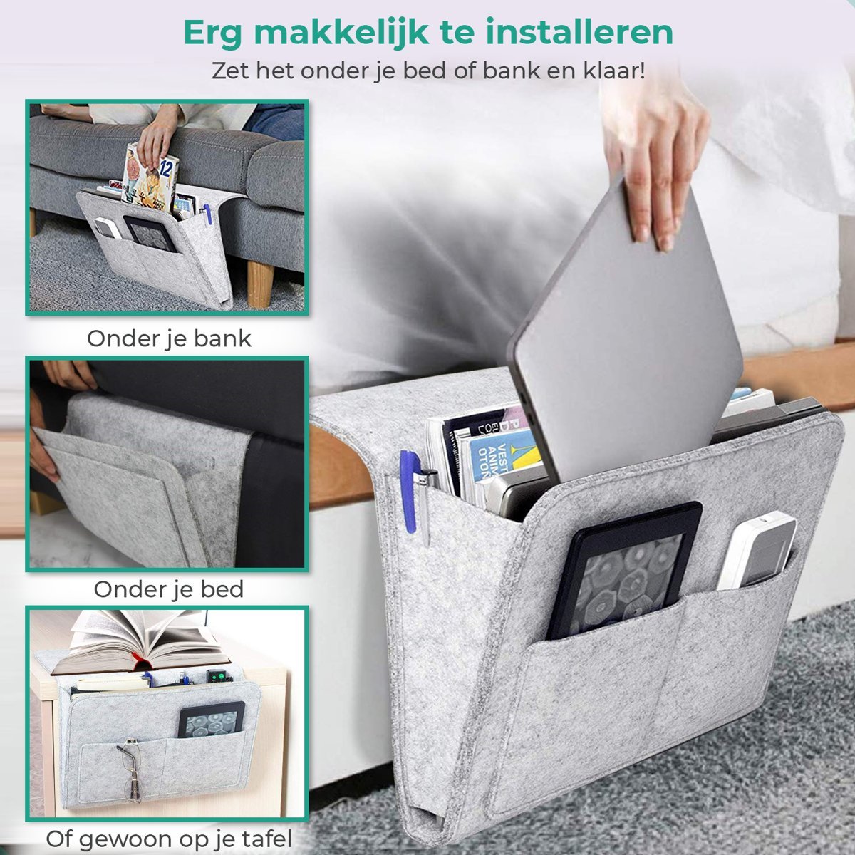 Lichtgraue BedCaddy, die am Bett hängt, mit außerdem 3 kleinen Fotos von der BedCaddy, die an einer Bank und einem Nachttisch hängt.