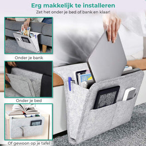 Lichtgraue BedCaddy, die am Bett hängt, mit außerdem 3 kleinen Fotos von der BedCaddy, die an einer Bank und einem Nachttisch hängt