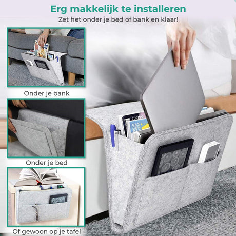 Lichtgraue BedCaddy, die am Bett hängt, mit außerdem 3 kleinen Fotos von der BedCaddy, die an einer Bank und einem Nachttisch hängt