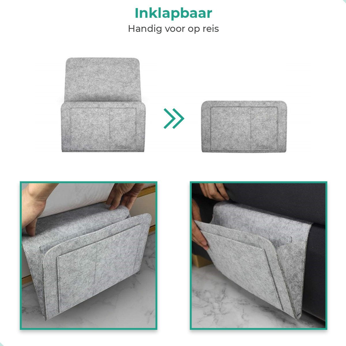 Lichtgrauer BedCaddy faltbar für Reisen und auch 2 kleine Bilder, die an einer Bank hängen.
