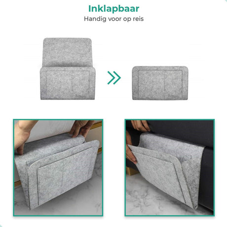 Lichtgrauer BedCaddy faltbar für Reisen und auch 2 kleine Bilder, die an einer Bank hängen