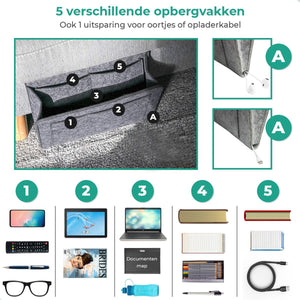 Grauer BedCaddy mit mehreren Bildern, was du darin verstauen könntest, wie iPad, Telefon, Brille, Zeitschriften, Bücher und mit einer Öffnung, durch die das Ladekabel geführt werden kann