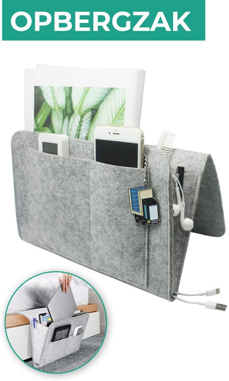 Lichtgraue BedCaddy mit einem Fach für das Telefon, Zeitschriften, Schlüsselanhänger, einen Kamm und eine Öffnung für Ladekabel