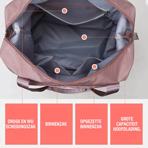 Bild der Beggo Reisetasche, bei dem die Tasche geöffnet ist und die zahlreichen Fächer zeigt