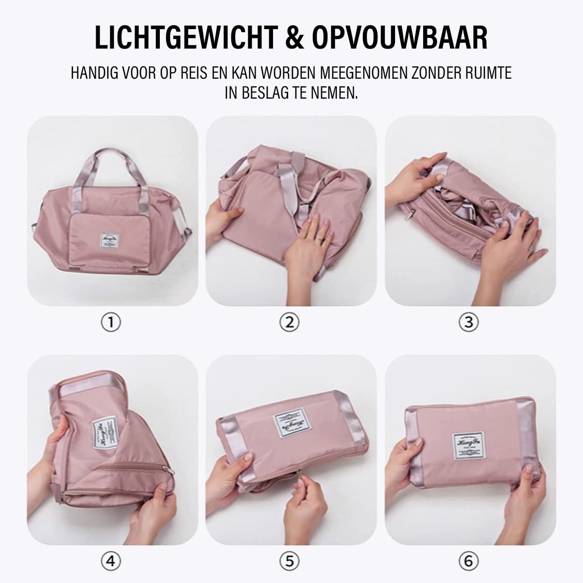 Das Foto zeigt, wie die Beggo vielseitige Reisetasche in 6 Schritten zusammengefaltet werden kann.