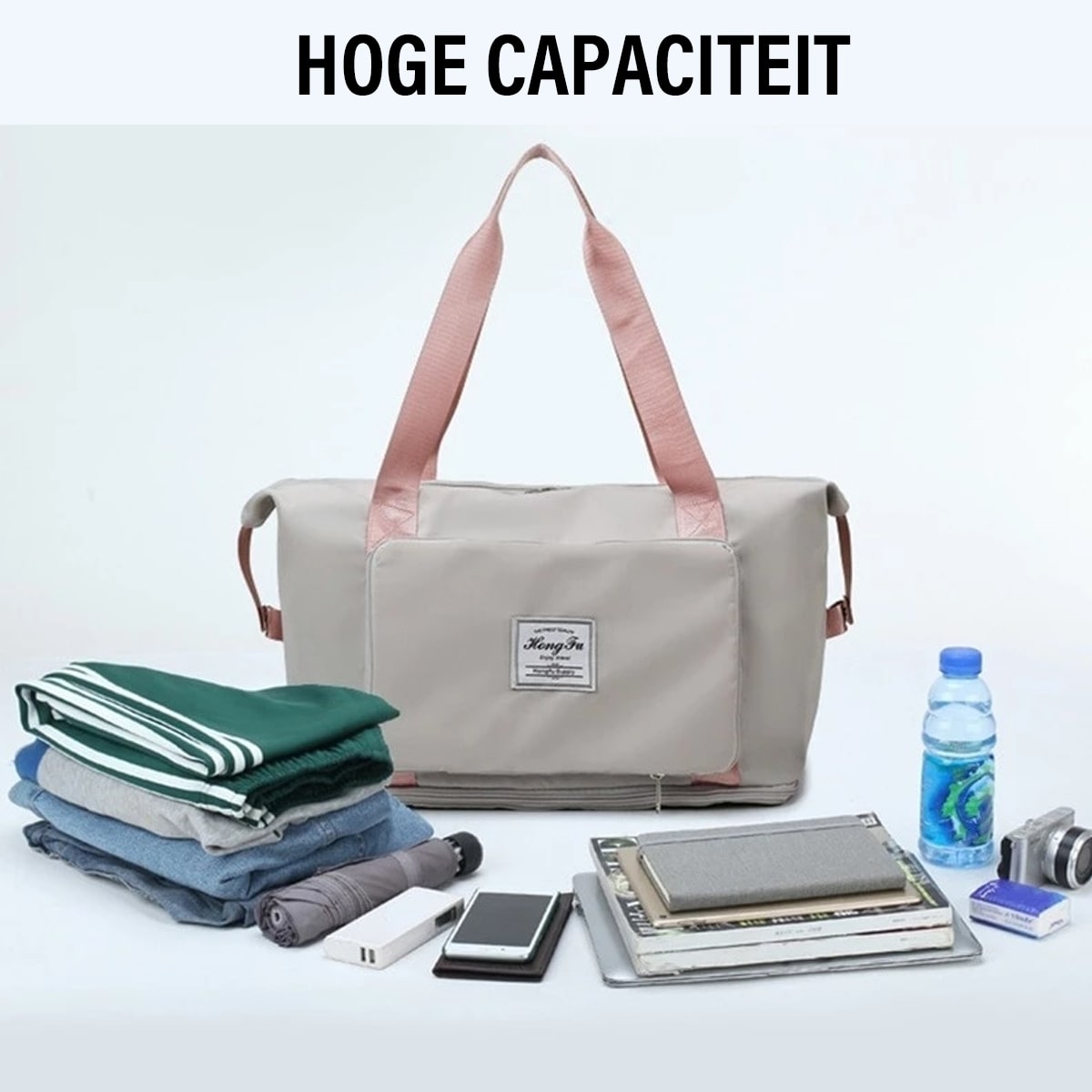 Bild der Beggo Reisetasche, die eine hohe Kapazität zeigt und abgebildet ist, welche Gegenstände alles hineinpassen