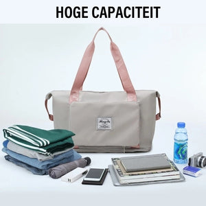 Bild der Beggo Reisetasche, die eine hohe Kapazität zeigt und abgebildet ist, welche Gegenstände alles hineinpassen