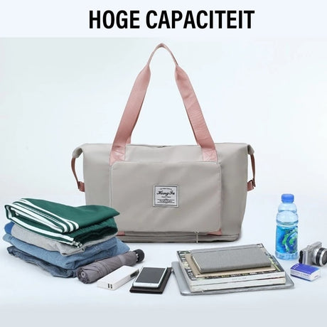 Bild der Beggo Reisetasche, die eine hohe Kapazität zeigt und abgebildet ist, welche Gegenstände alles hineinpassen