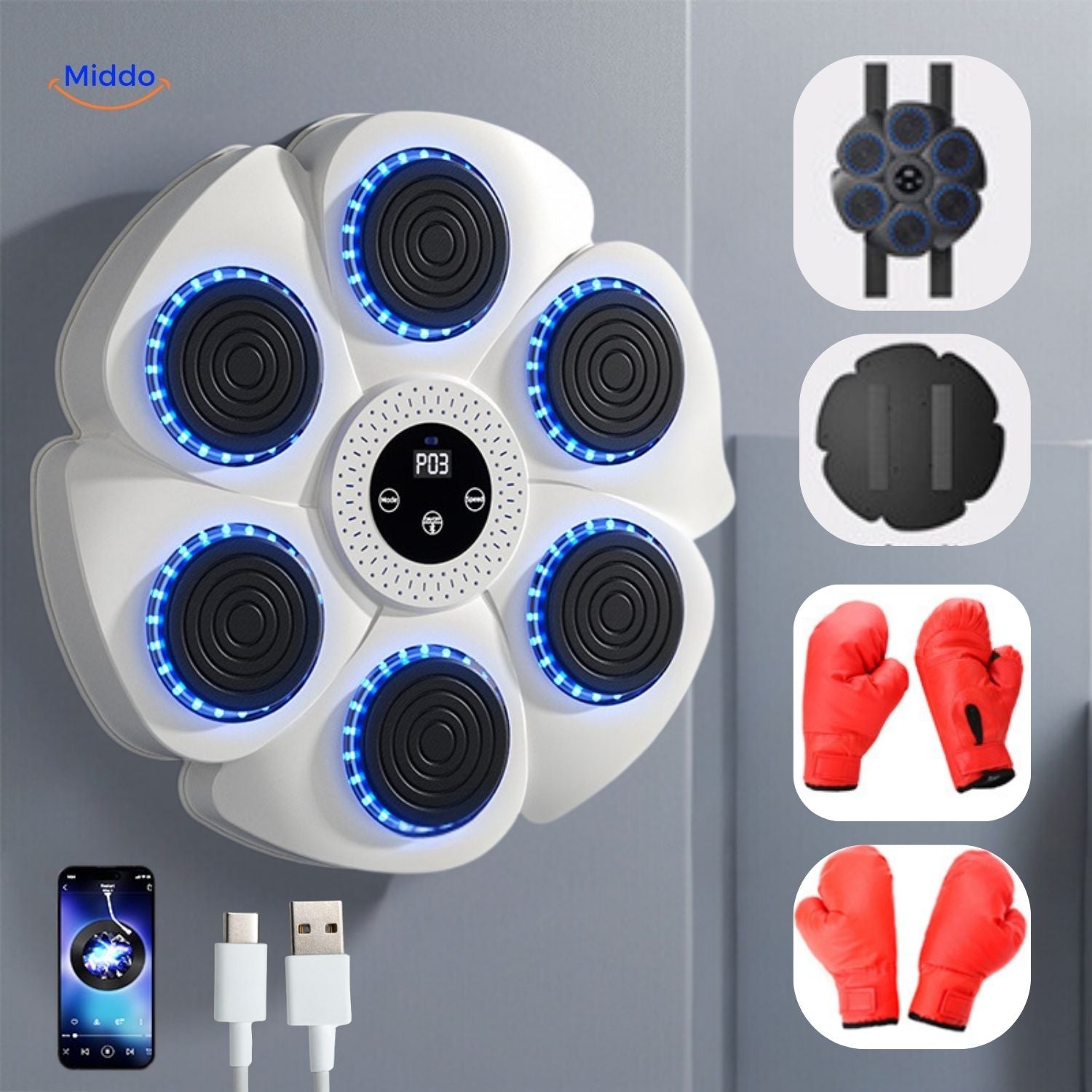BoxPro Smart Boxmaschine mit Modell mit blauer LED-Beleuchtung und roten Handschuhen www.middo.nl