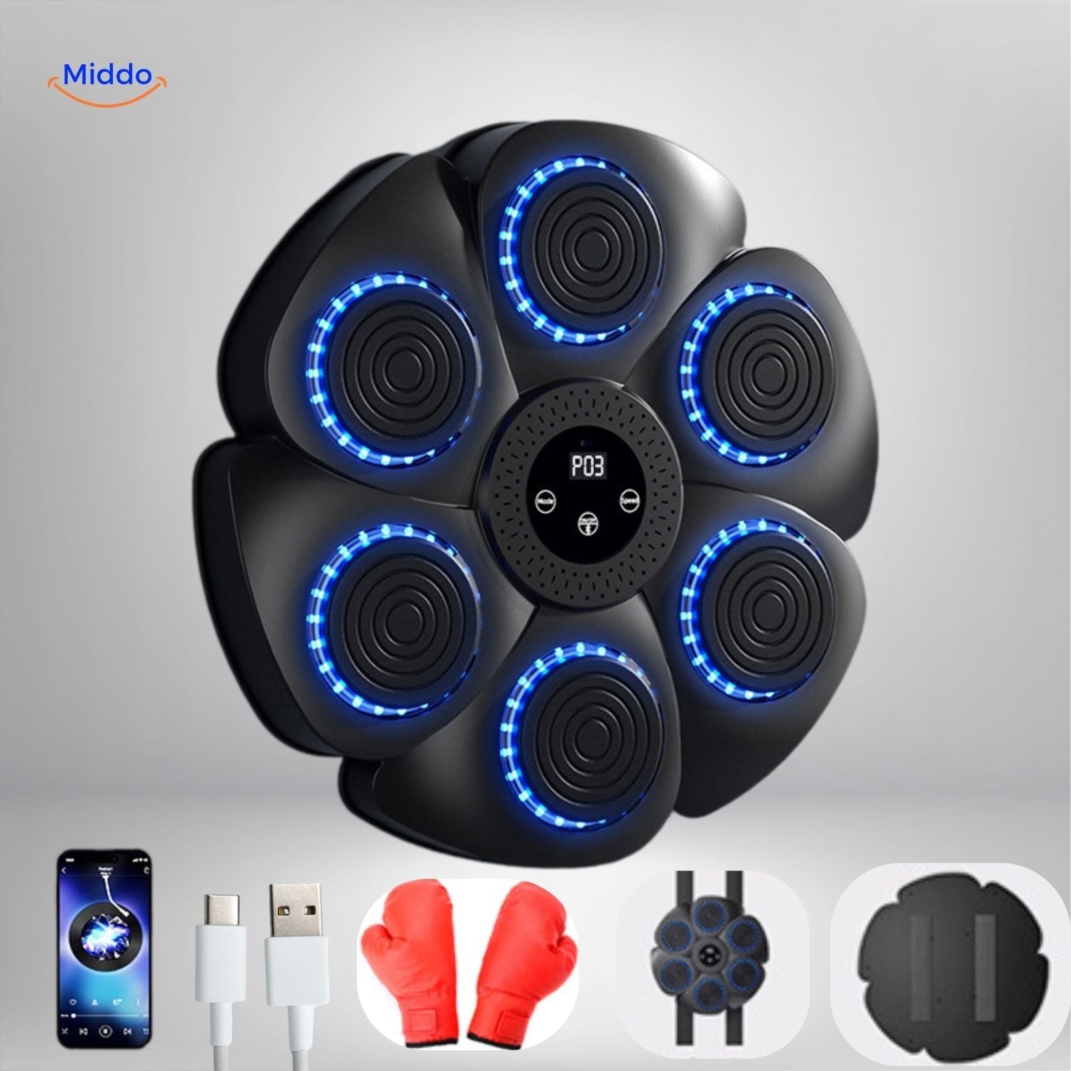 BoxPro Smart Boxmaschine schwarzes Modell mit blauen LEDs und roten Handschuhen www.middo.de