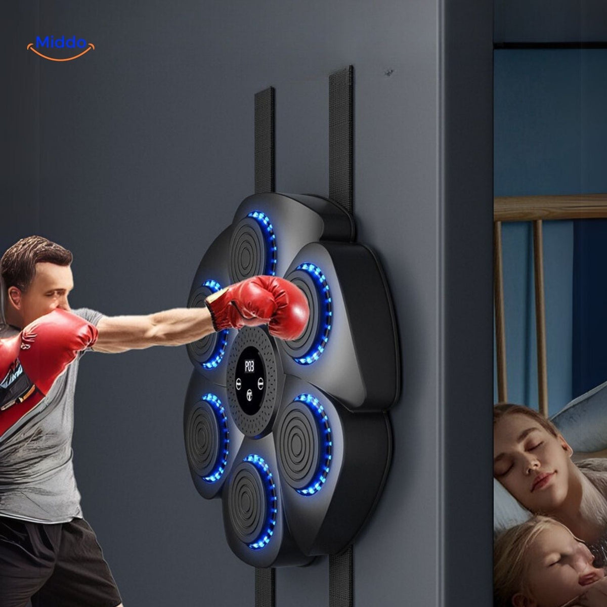 BoxPro Smart Boxmaschine in Schwarz, Modell mit Handschuhen und blauen LEDs www.middo.de