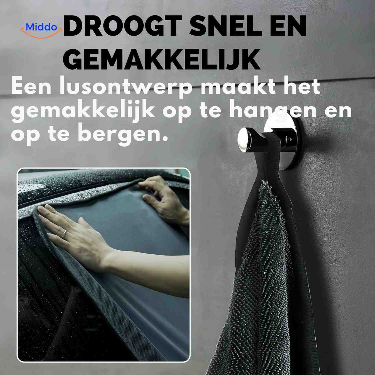 BraidDry Handtuch – schnelltrocknendes und leicht aufzuhängendes Handtuch für Ihr Auto. Besuchen Sie uns auf www.middo.de