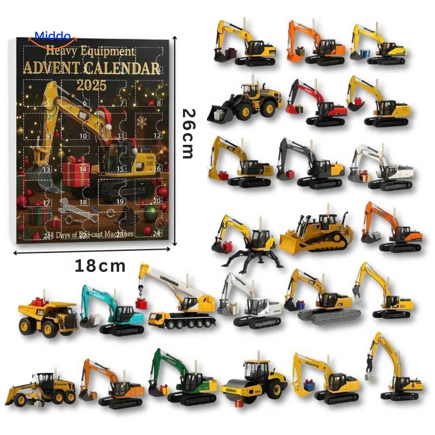 Buildora Adventskalender jongen hangt mini graafmachine in kerstboom www.middo.nl