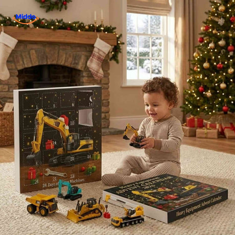 Buildora Adventskalender Kind spielt mit Mini-Baufahrzeugen