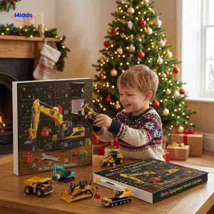 Buildora Adventskalender, Kinder öffnen Spielzeug-Baufahrzeuge