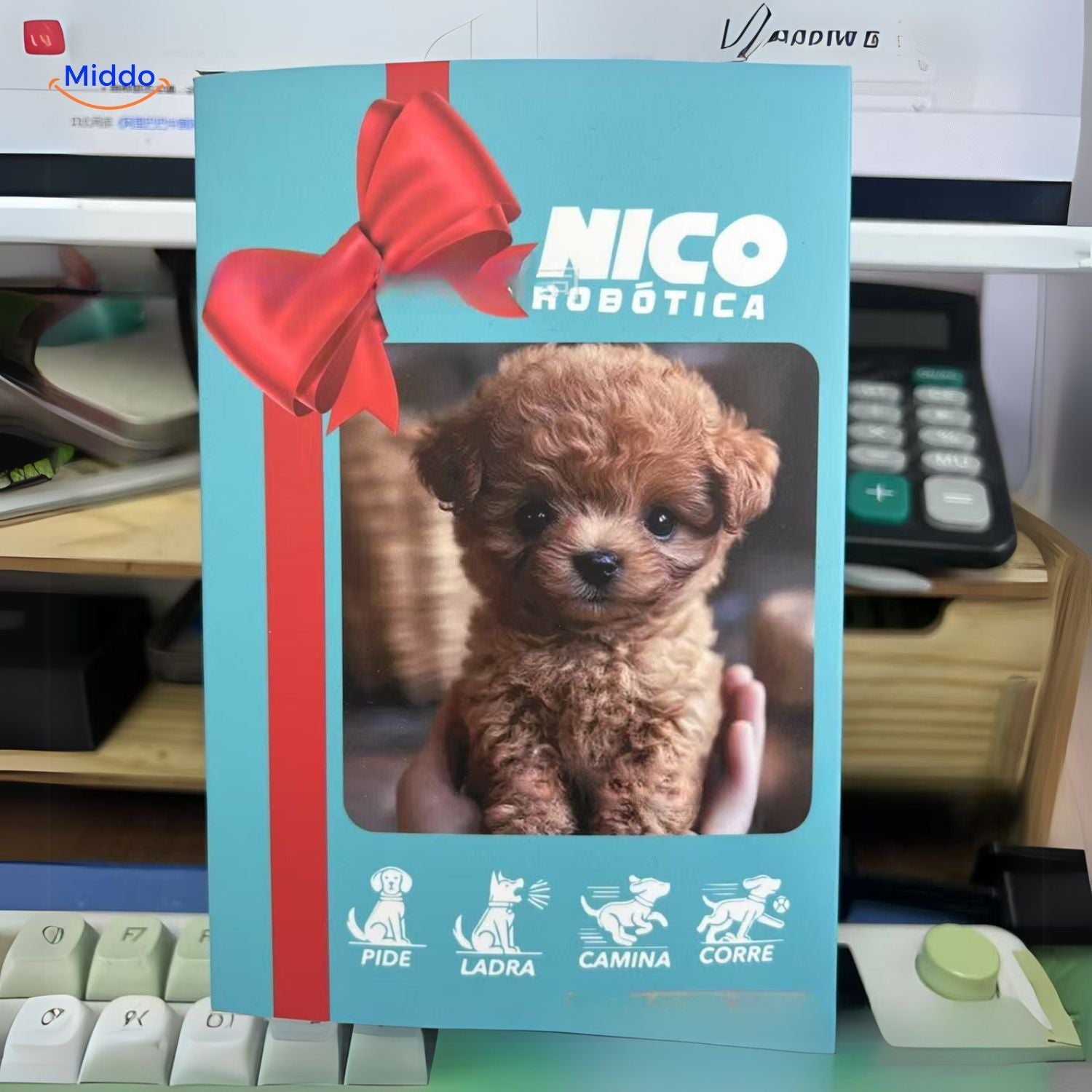 BunnyBuddy Plüsch Weihnachtsgeschenk Welpe in Box, umgeben von Feiertagsdekoration www.middo.nl
