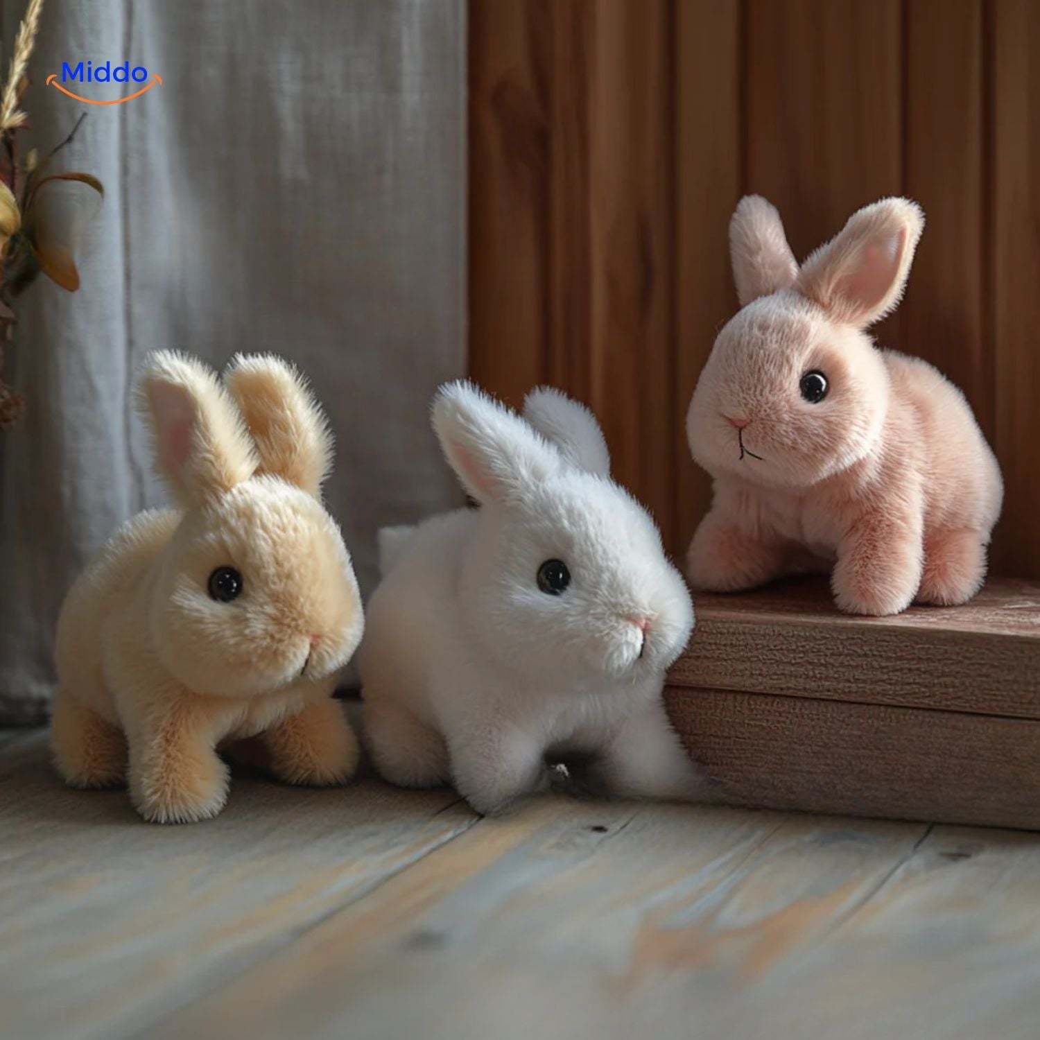 BunnyBuddy Plüsch flauschiger weißer Hasenstofftier mit schwarzen Augen www.middo.de