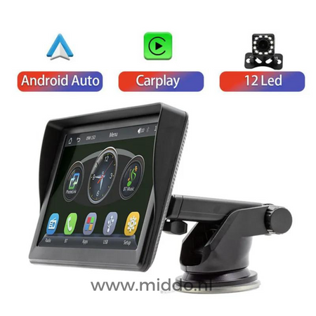 Carplay mit drei Bildern oben von Android und 12 LED-Kamera sowie CarPlay-Symbol auf einem weißen Hintergrund.