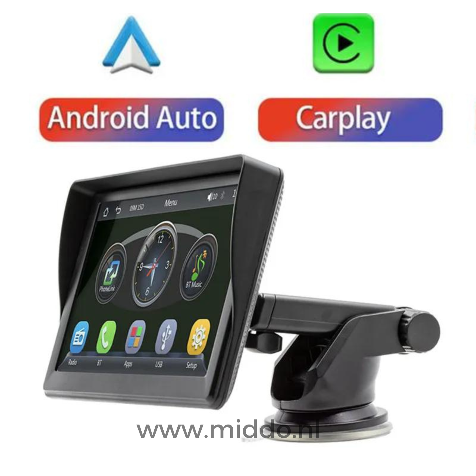 Foto von Carplay mit Android und Carplay-Symbol darüber auf einem weißen Hintergrund.