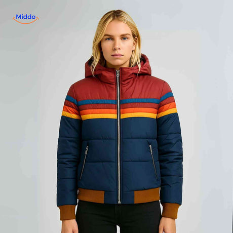 Colorwave Jacke in Rot und Blau, Retro-Jacke mit Kapuze