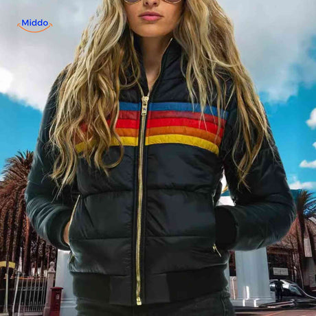 Colorwave Jacke Schwarz, Retro-Damenjacke mit Farbblöcken