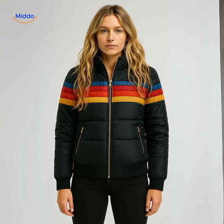 Colorwave Jacke schwarz Retro Damen Pufferjacke mit Reißverschluss