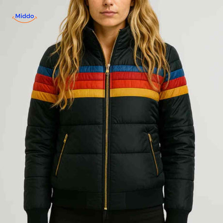Colorwave Jacke schwarz Retro Pufferjacke mit Farbstreifen