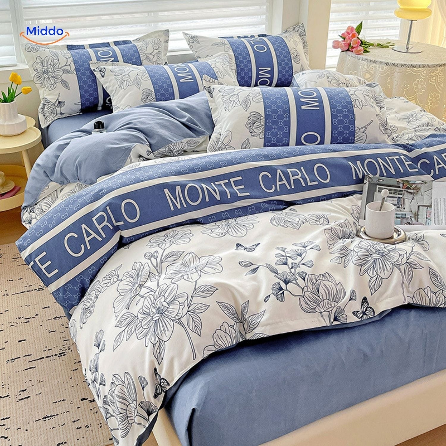 CottonNest Monte Carlo blau weiß Blumen Bettwäsche www.middo.de