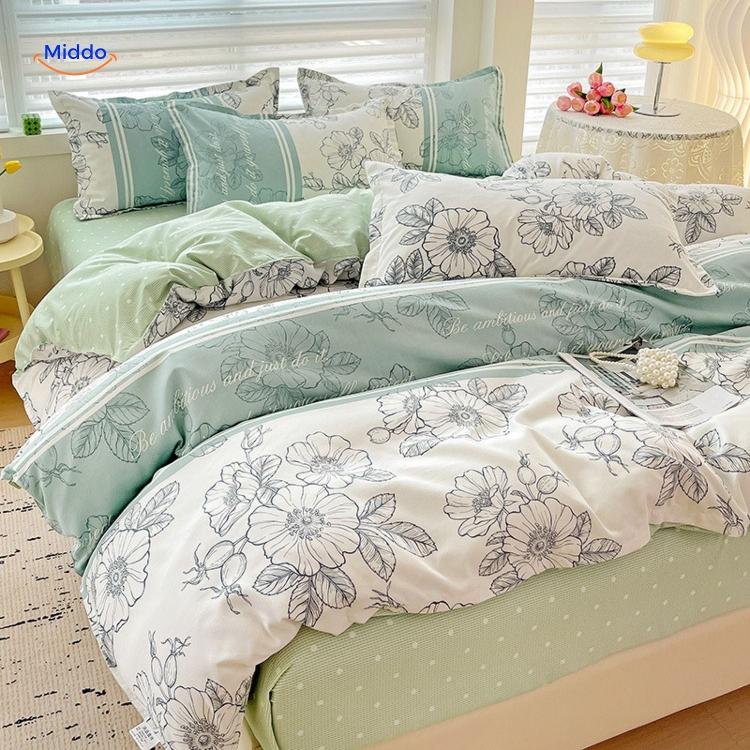 CottonNest grün und weiß Blumen Bettwäsche www.middo.de