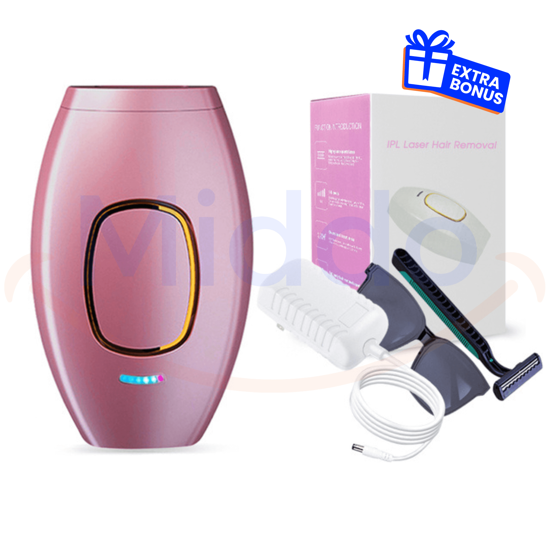Rosa DYLA 3.0™ IPL Haaarentferner mit Zubehör und Box.