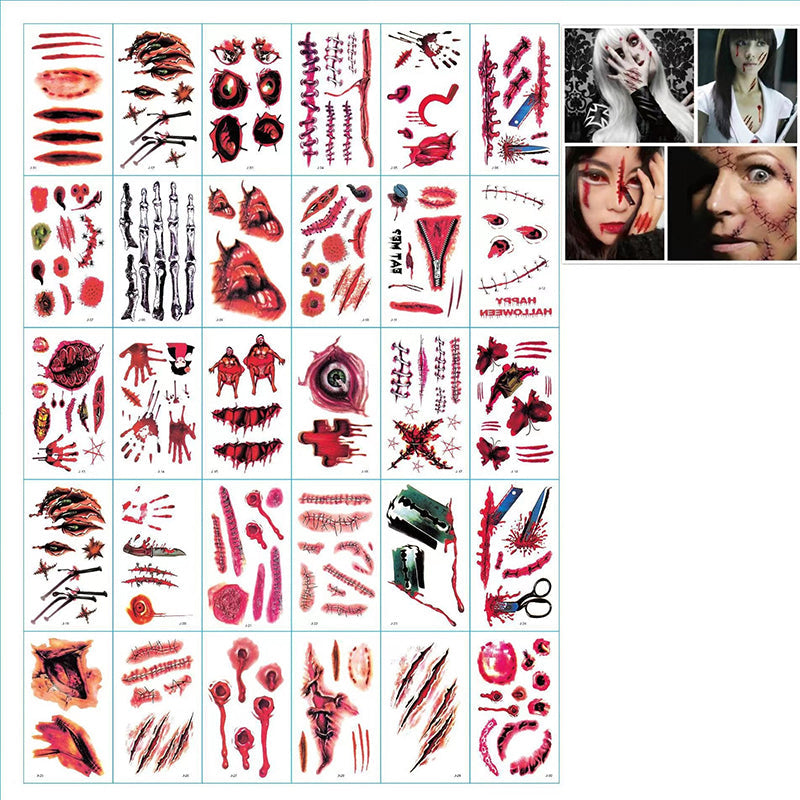 Verschiedene Horror-Tattoos mit Blut und Narben für Halloween.