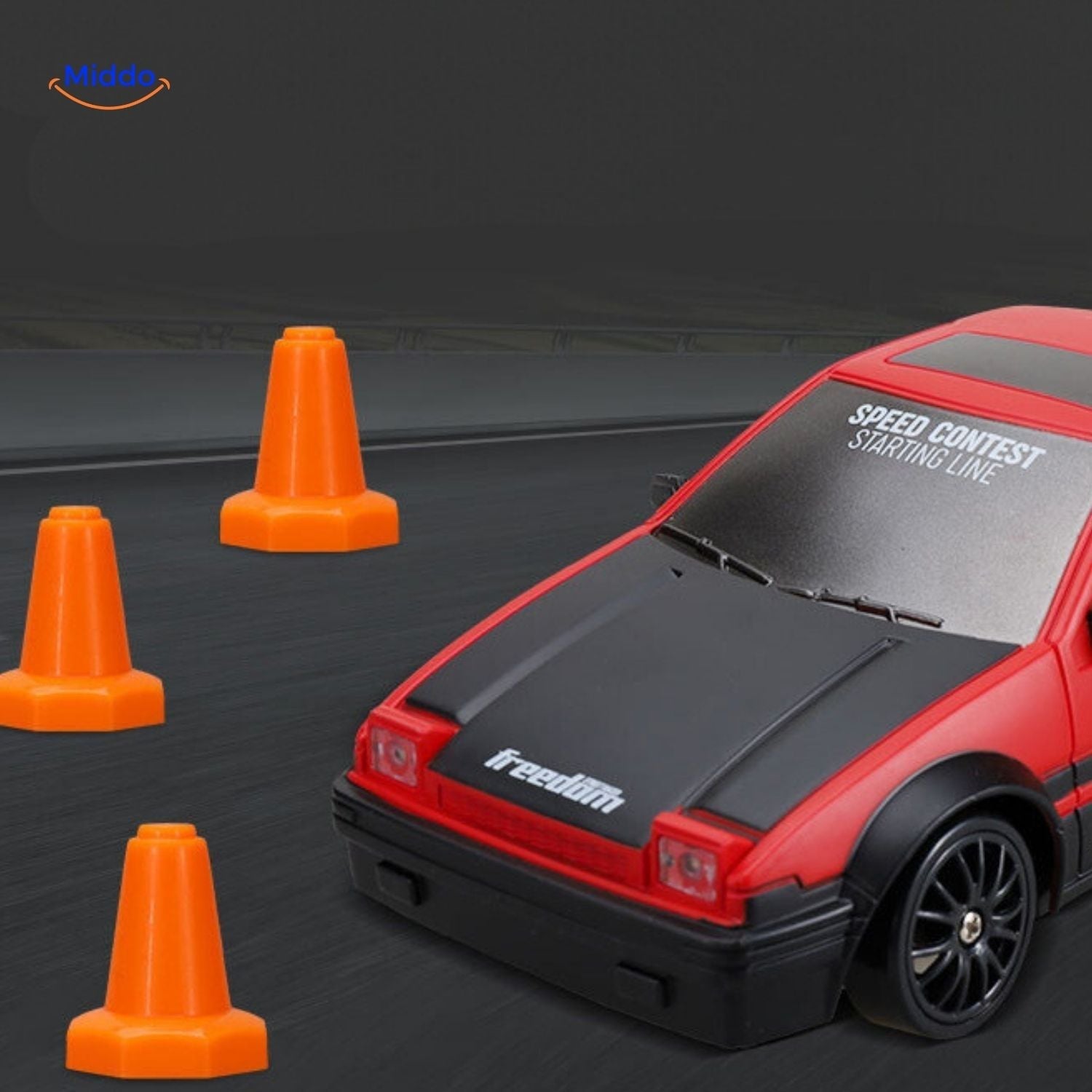 DriftMaster GTR rotes Auto mit Verkehrshütchen www.middo.nl
