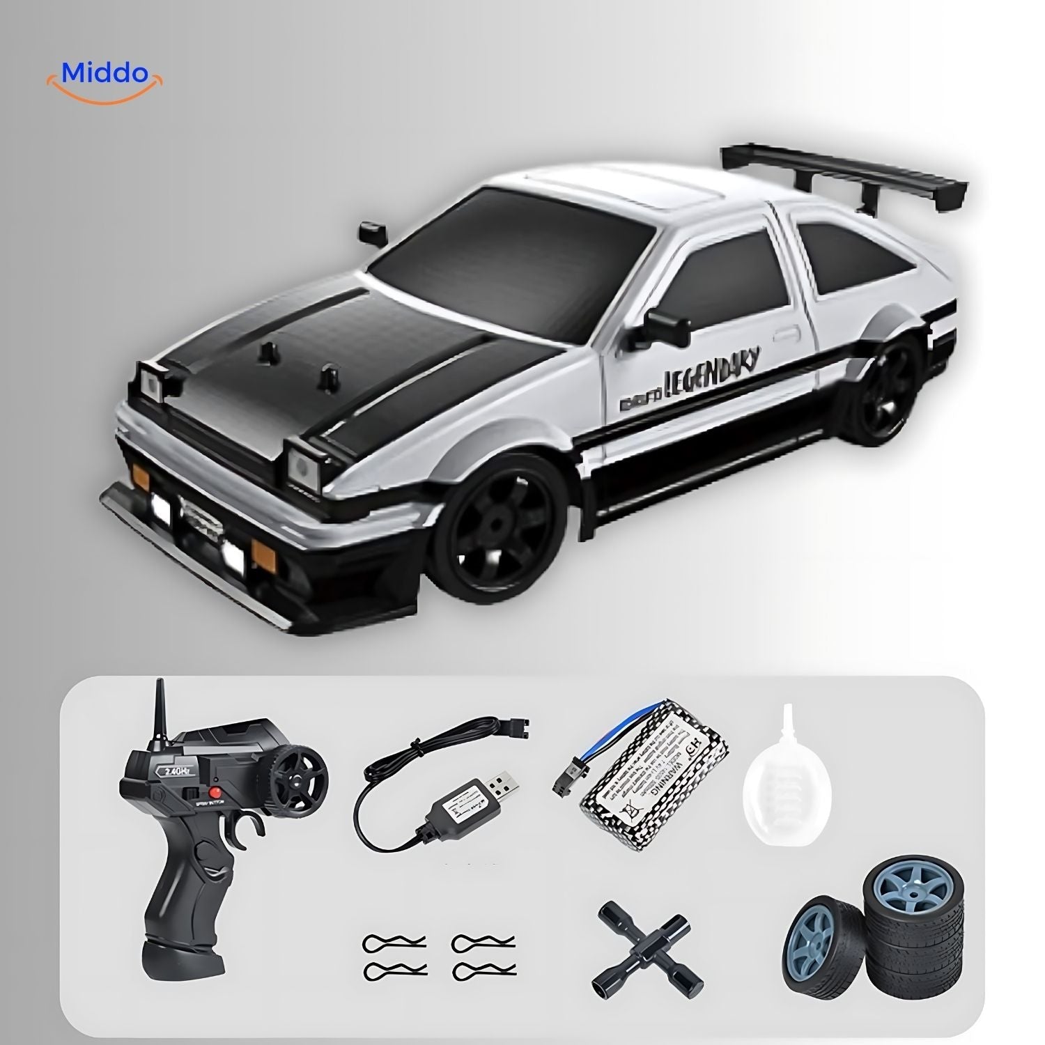 DriftMaster GTR weißes Drift-Auto mit Zubehör www.middo.nl
