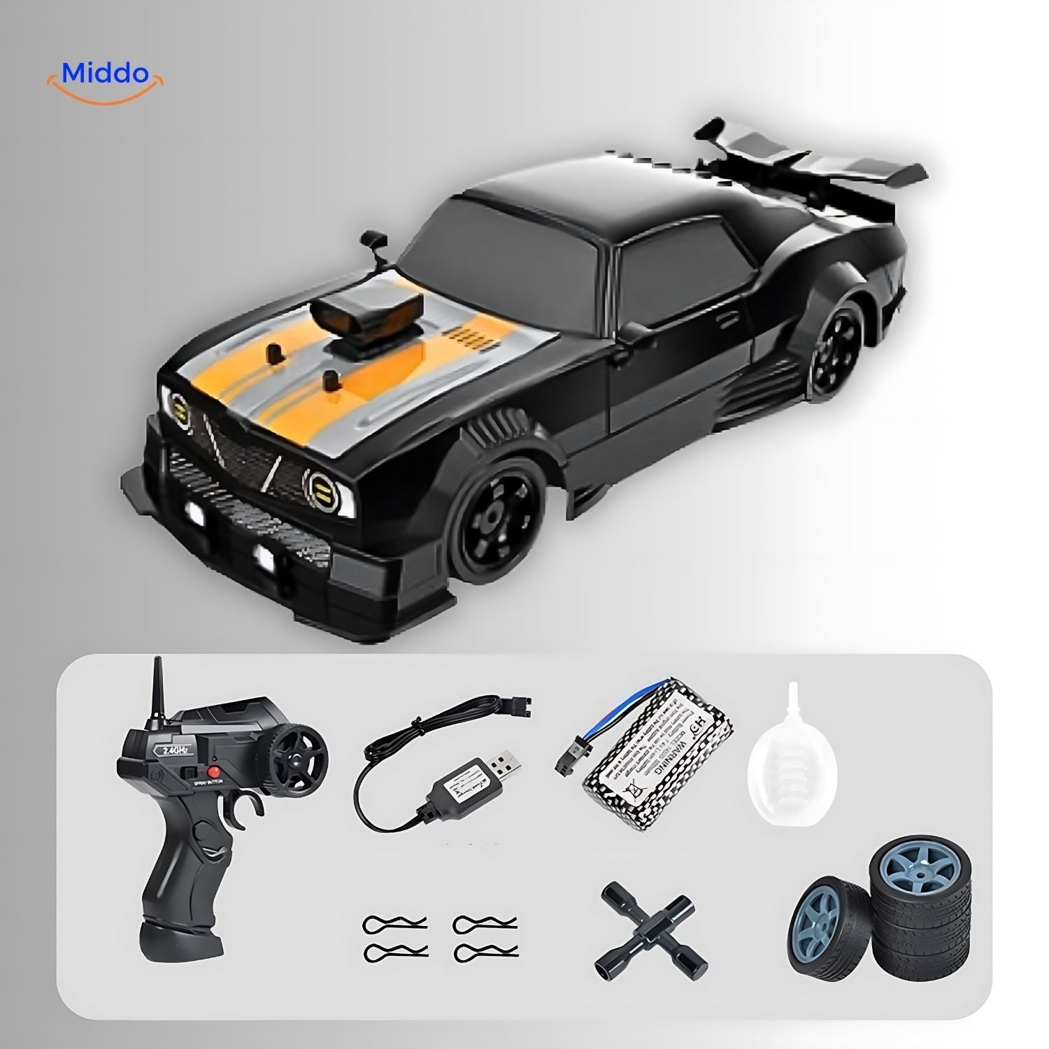 DriftMaster GTR schwarz mit gelbem Drift-Auto und Zubehör www.middo.nl