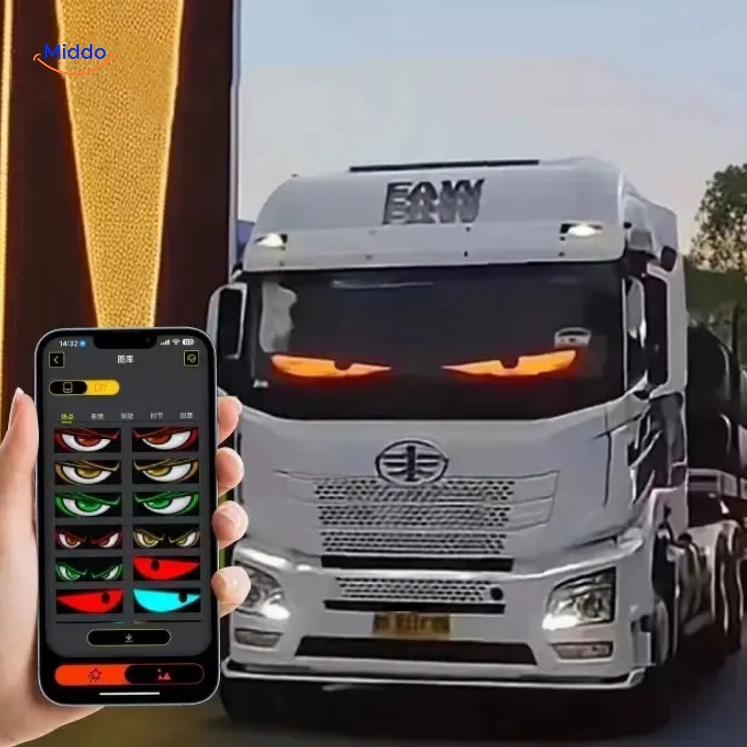 DriveFlex steuerbares LED-Display mit orangefarbenen Leuchten an einem Lkw www.middo.de